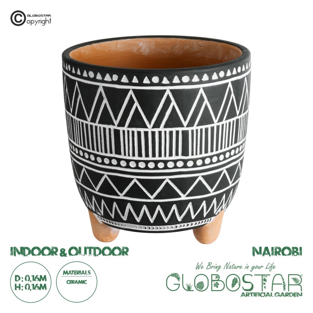 GloboStar® Artificial Garden NAIROBI 20509 Διακοσμητικό Κεραμικό Κασπώ Γλάστρα - Flower Pot Μαύρο με Λευκό Φ16 x Υ16cm
